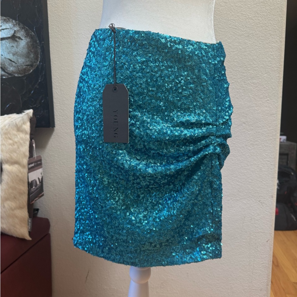 Young Blue Sequin Ruched Mini Skirt for Cocktail Parties